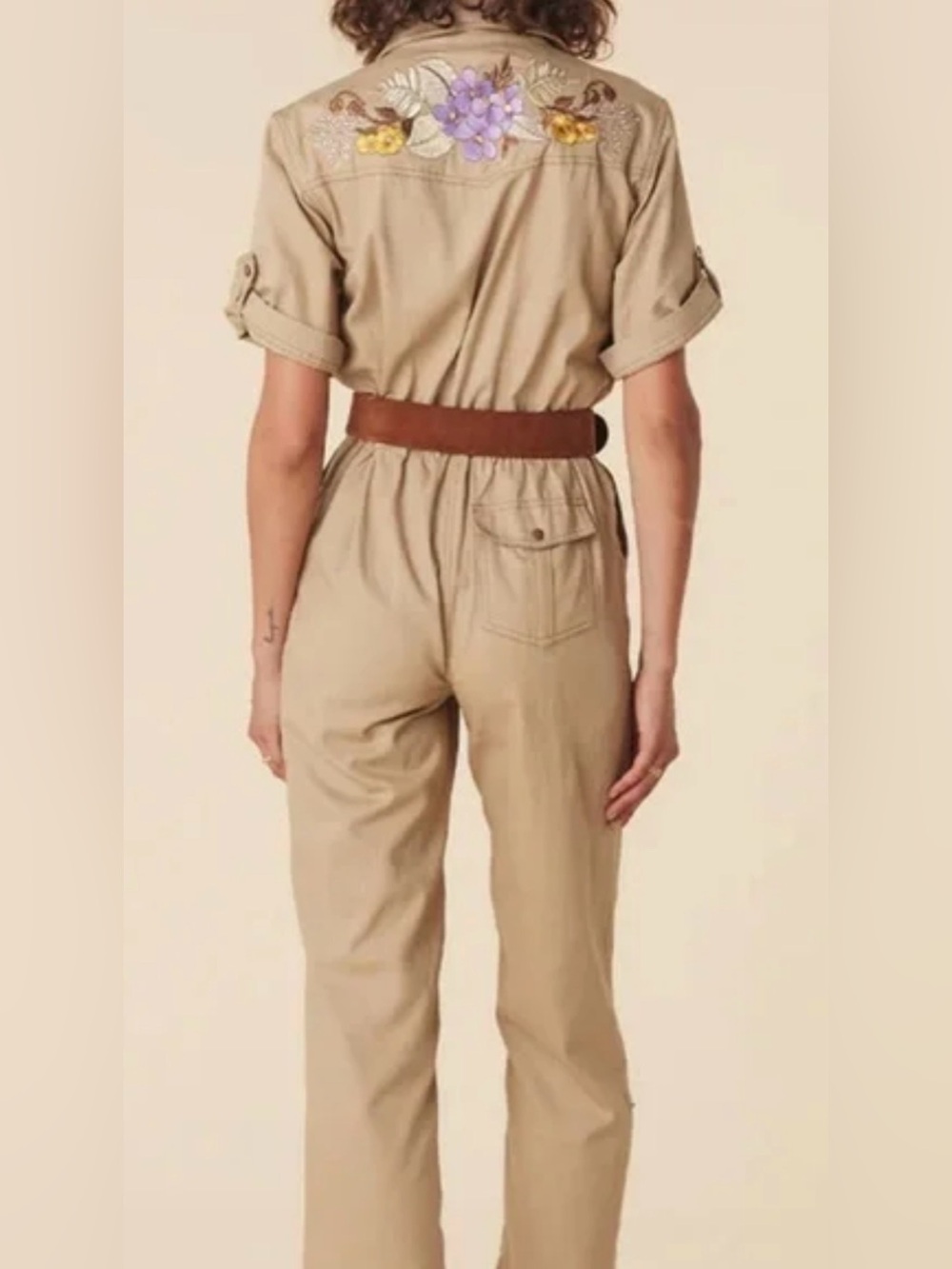 Spell Embroidered Utility Jumpsuit in Khaki with Brown Belt